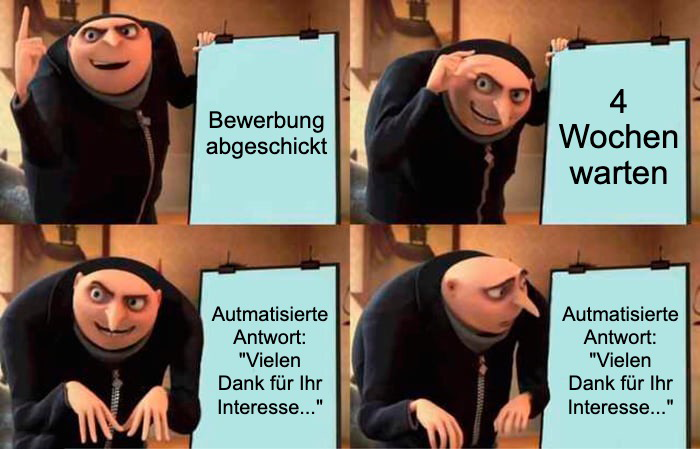 Meme zu fehlender Verbindlichkeit im Bewerbungsprozess: 4 Wochen Wartezeit trotz automatisierter Antwort